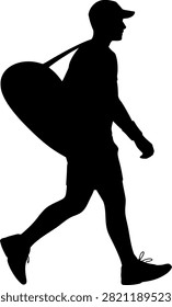 Black silhouette of a man walking with a large bag over his shoulder