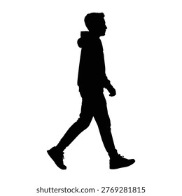 A black silhouette of a man walking to the right, wearing a hoodie, pants, and shoes, with a dynamic stride, on a pure white background.