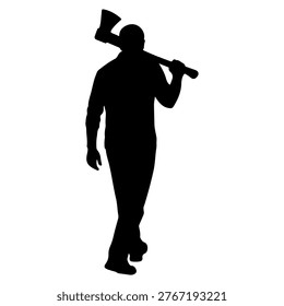 A black silhouette of a man walking while carrying an axe on his shoulder.