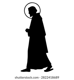 A black silhouette of a man walking while holding a mobile phone, set against a white background, emphasizing movement and technology use.