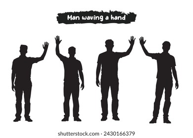 Black silhouette of man waving a hand isolated on white background