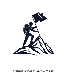 A black silhouette of a man wearing a backpack and cap, standing on a mountain peak, holding a waving flag, depicted in a stylized vector illustration style with bold lines and geometric shapes.
