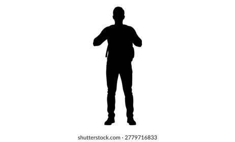 Black silhouette of a man wearing a backpack and standing with hands on hips, isolated on a white background.