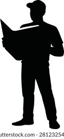Black silhouette of a man wearing a baseball cap and casual clothing, reading a newspaper black and white