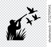 Black silhouette of a man wearing a cap, aiming a shotgun at flying ducks in a grassy field on a transparent background