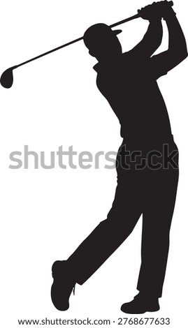 A black silhouette of a man wearing a cap and swinging a golf club with both hands, captured in mid-swing on a pure white background
