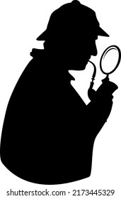 Black Silhouette Man wearing Coat and retro hat holding tobacco pipe and hand lens magnifying glass looks like a old detector vector graphic design