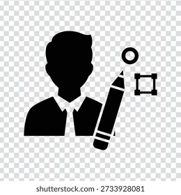 A black silhouette of a man wearing a collared shirt and tie, holding a pencil and ruler, on a transparent checkered background, symbolizing architecture or design