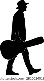 Black silhouette of a man wearing a hat and walking while carrying a guitar case, isolated on a white background.