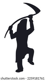 Black silhouette of man wearing a long cap and holding a scythe representing death character.