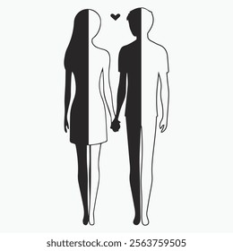 Black silhouette of a man and woman holding hands with a small heart above them, symbolizing love, intimacy, and a romantic bond in a clean, minimalist design.