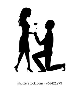 Black silhouette of man and woman. Man kneels in front of woman and gives flower. Vector illustration