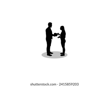 Black silhouette of man and woman. Silhouettes of men and women with gifts. A woman holds a gift and heart for a man.