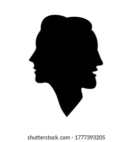 Black Silhouette Of Man And Woman Together As One. Male And Female Concept. Adult Man And Woman In Profile. Vector Illustration.
