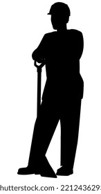 Black silhouette of man in work clothes and hard hat stands leaning on shovel, isolated on white. Vector design element.