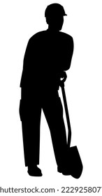 Black silhouette of man in work clothes and hard hat stands leaning on shovel, isolated on white. Vector design element.