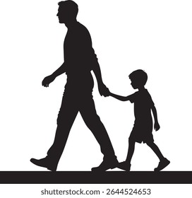 A black silhouette of a man and a young boy walking hand in hand, isolated on a white background.