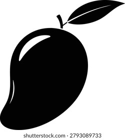 Black silhouette of mango fruit with leaf attached
