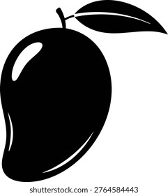 Black silhouette of a mango with leaf attached to the stem fruit