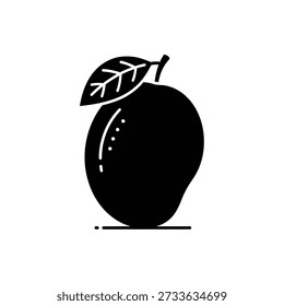 Black silhouette of a mango with a leaf and stem fruit isolated on Transparent Background