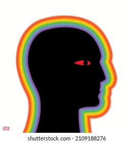 Black silhouette of a man's head. Around the head is a spectrum-colored aura.