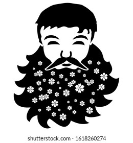 black silhouette of a man's head with a flowered beard.
