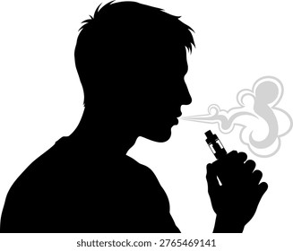 A black silhouette of a man's head and shoulders, exhaling a cloud of vapor from an electronic cigarette. Isolated on a white background.