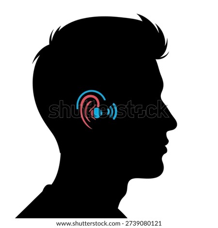 A black silhouette of a man's profile is shown, with a vibrant, abstract graphic inside the ear area, symbolizing sound waves or advanced hearing.