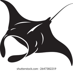 Black silhouette of a manta ray against a white background simple graphic illustration style