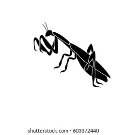 The black silhouette of the mantis insect in a fighting posture. Torso, legs, jaws, antenna, abdomen, back visible