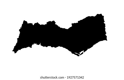 black silhouette of a map of the Algarve city in southern Portugal on a white background