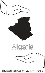 A black silhouette of the map of Algeria is presented, cradled by two open hands, one above and one below, symbolizing protection or support.