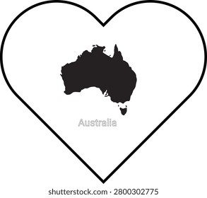 A black silhouette of the map of Australia is centered within a white heart shape outline. The word Australia is written below the map.