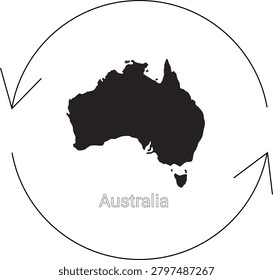 A black silhouette of the map of Australia is centrally placed within a circular arrow graphic.
