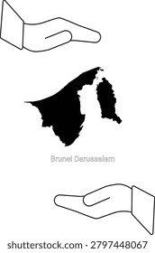 A black silhouette of the map of Brunei Darussalam is presented between two open hands, symbolizing support or offering.