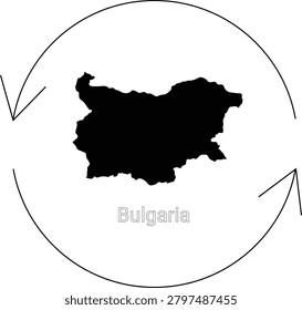 A black silhouette of the map of Bulgaria is centrally placed within a white circle, enclosed by two opposing curved arrows.