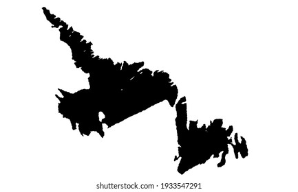 black silhouette of a map of the Canadian island of Newfoundland on a white background