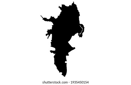 black silhouette of a map of the city of Cali in western Colombia on a white background