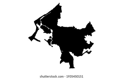 black silhouette of a map of the city of Cartagena de Indias in northern Colombia on a white background