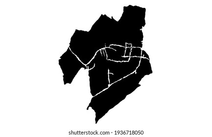 black silhouette of a map of the city of Leiden in the Netherlands on a white background