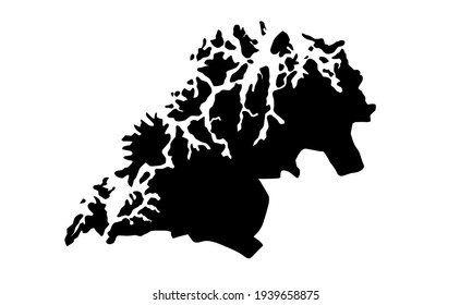 black silhouette of a map of the city of Tromso in northern Norway on a white background