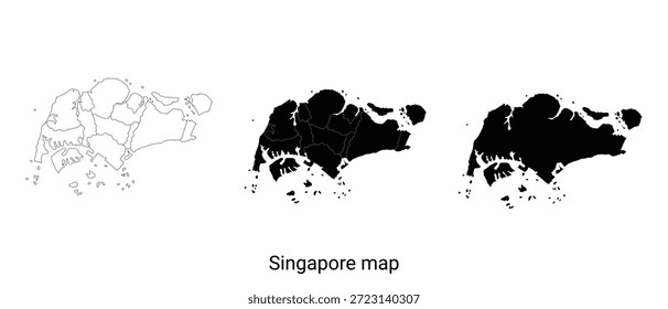 Eine schwarze Silhouettenkarte mit einer malerischen Landschaft mit Bergen, Wasser und einer detaillierten Komposition auf weißem Hintergrund
