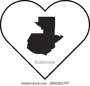 A black silhouette of the map of Guatemala is centrally placed within a white heart outline, symbolizing love for the country.