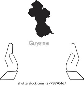 A black silhouette of the map of Guyana is centrally placed above the word Guyana, with two open hands below it, suggesting care or protection.