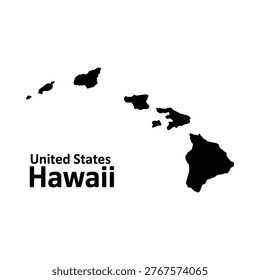Black silhouette map of hawaii with state name typography