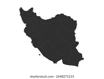  Um mapa de silhueta preta do Irã, claramente delineando suas fronteiras nacionais e divisões provinciais internas. O mapa fornece uma representação geográfica minimalista do país