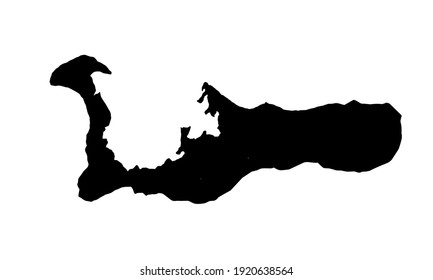 black silhouette of a map of the island of Grand Cayman in George Town on a white background