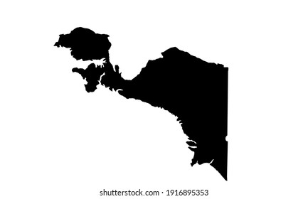 black silhouette of a map of the island of Papua in Indonesia on a white background