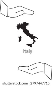 A black silhouette of the map of Italy is centrally placed between two open hands, symbolizing care or protection.