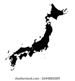 Mapa da silhueta preta do Japão, incluindo as principais ilhas. Vetor de alta qualidade para uso em educação, viagens, infográficos e design. Isolado em fundo branco, perfeito para projetos gráficos.